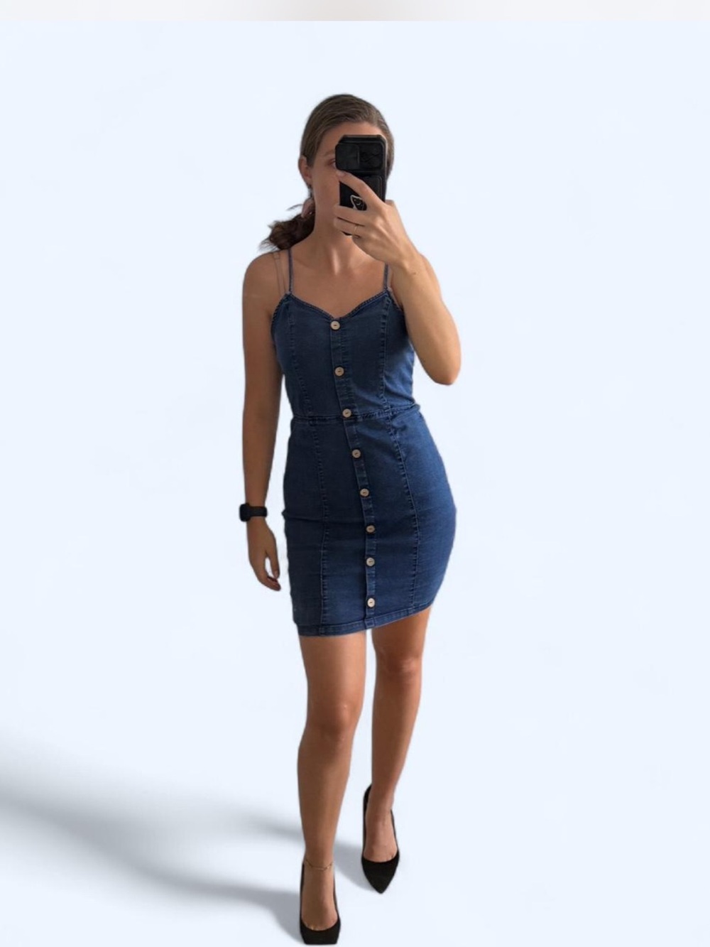 Dark Blue Denim Button-Front Spaghetti Strap Dress